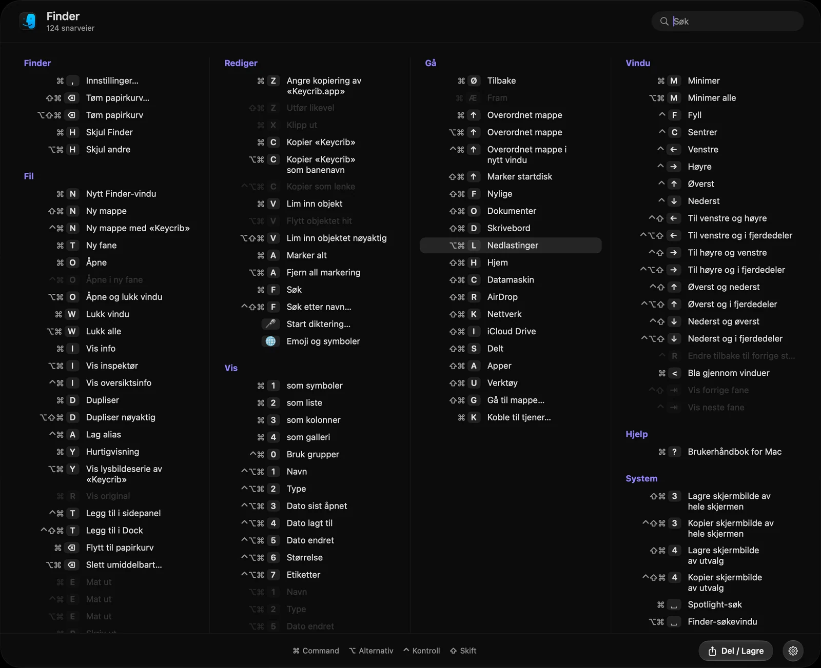 Finder: Examples of shortcuts in popular apps